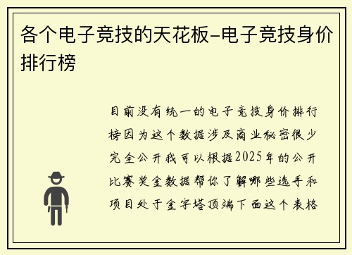 各个电子竞技的天花板-电子竞技身价排行榜